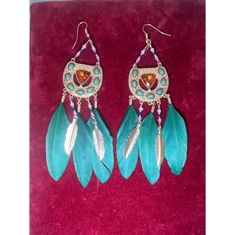 Bohemian Green‎ Feather Dangle Earrings Gold Tone Gemstone Tribal Boho